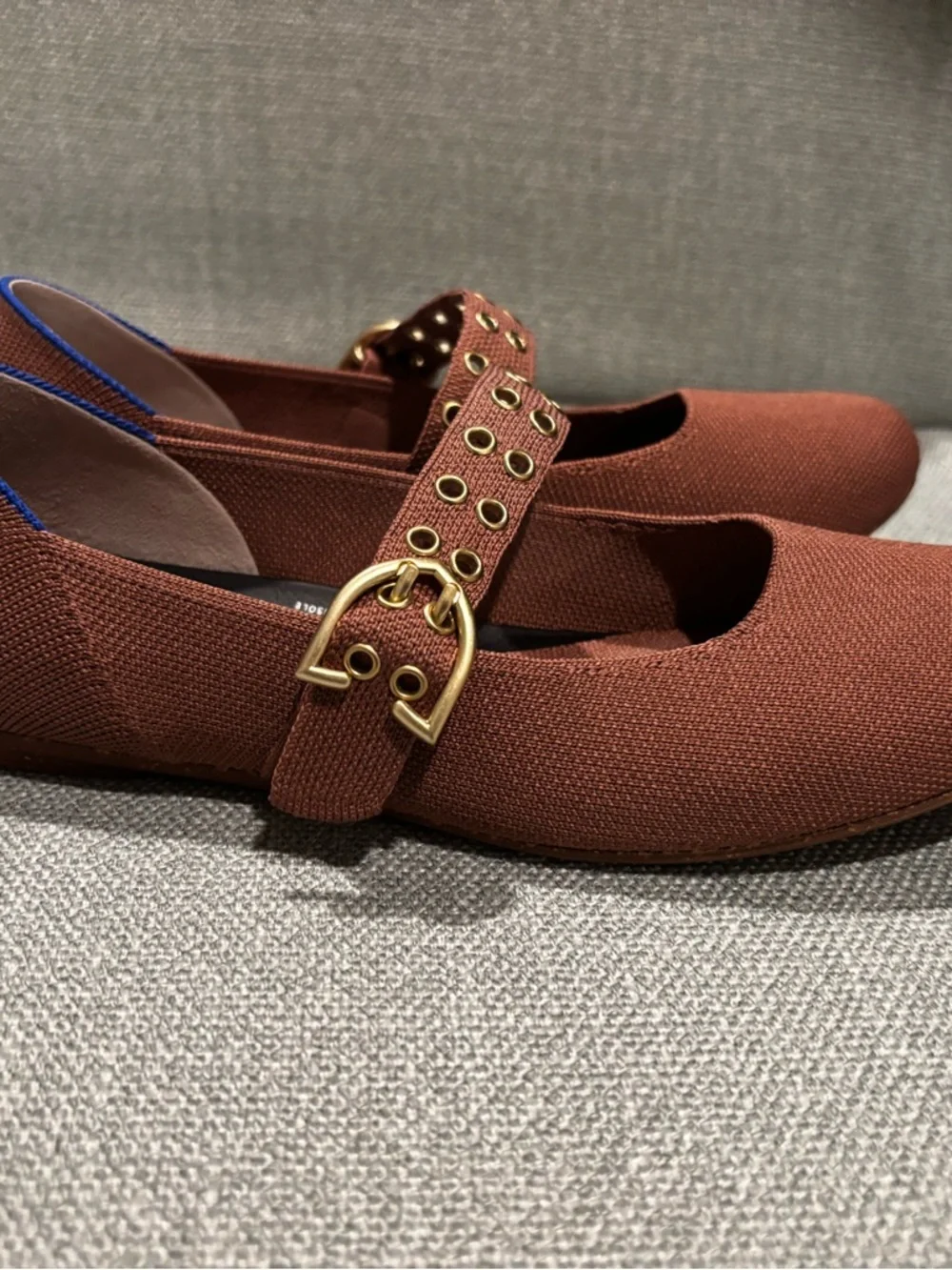 Rothy's Chestnut Brown Knit Mary Jane Flats with Gold Eyelets - Picture 3 of 7